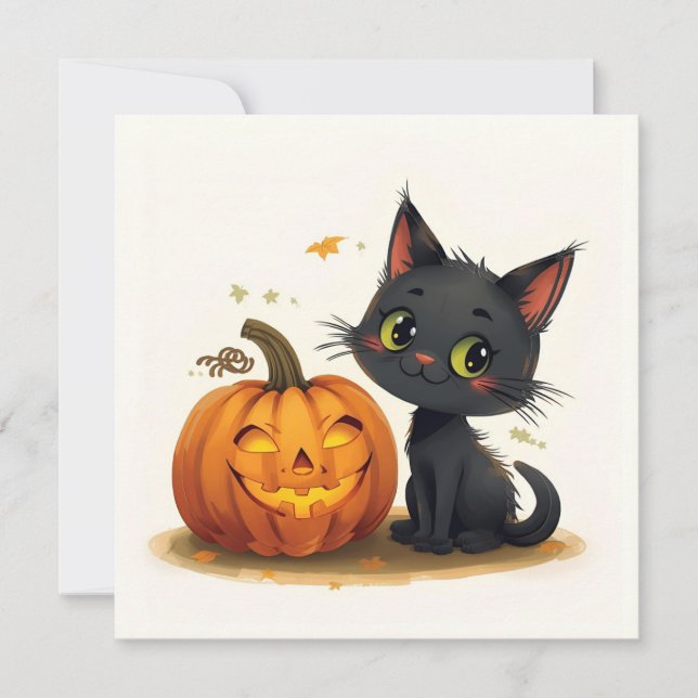 Cute Cat with Carved Pumpkin Invitation (Front)