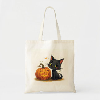 Cute Cat with Carved Pumpkin Tote Bag