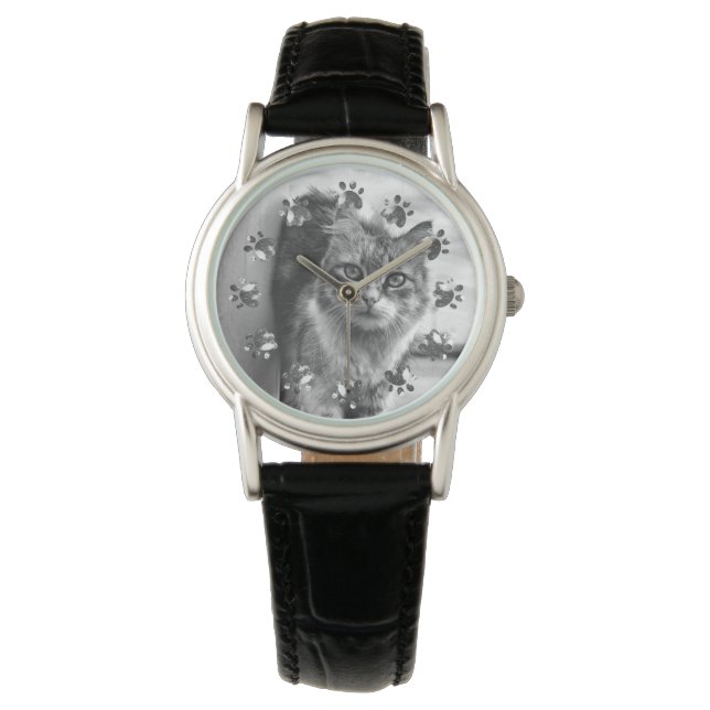 Cute Cat With Cat Tracks Background Women's Watch (Front)