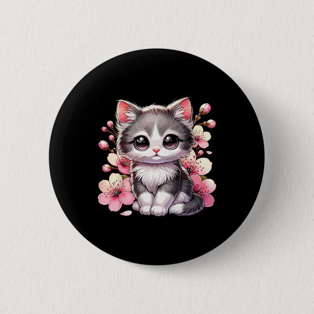 Cute Cat With Cherry Blossoms Cat  2 Inch Round Button (Front)