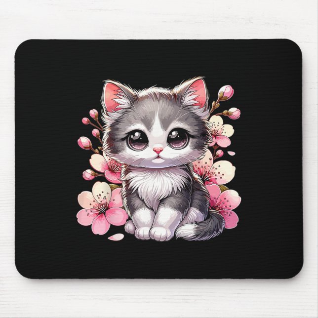 Cute Cat With Cherry Blossoms Cat  Mouse Pad (Front)