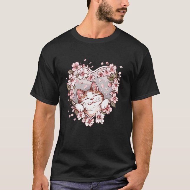 Cute Cat With Cherry Blossoms I Cat T-Shirt (Front)