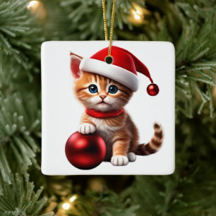 Cute Cat with Christmas Hat and red Christmas Ball Ceramic Ornament