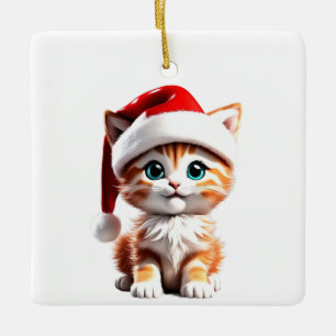 Cute Cat with Christmas Hat Ornament