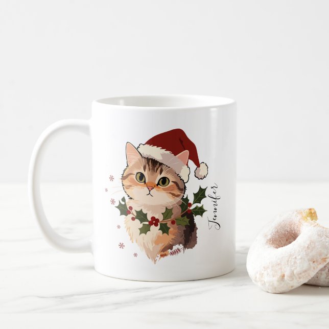 Cute Cat with Christmas hat Personalized Name Coffee Mug (With Donut)