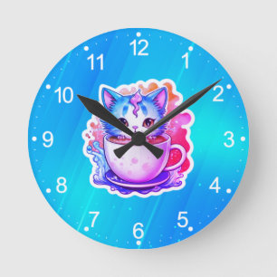 Cute Cat With Coffee Mug Cartoon Design-94678 Round Clock