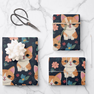 Cute cat with Colourful flowers Pattern Wrapping Paper Sheet