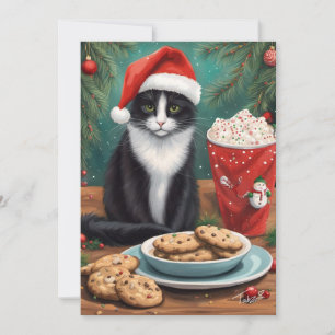 Cute Cat with Cookies and Santa Hat Holiday Card