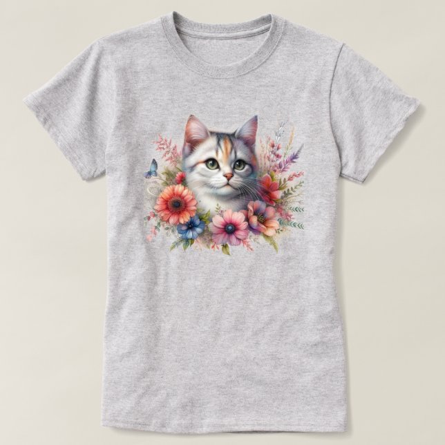 Cute Cat with Flowers Cat Lovers  T-Shirt (Design Front)