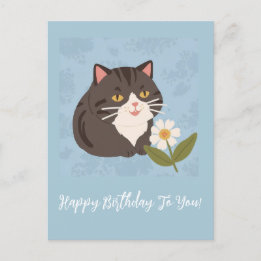 Cute Cat with Flowers Happy Birthday Personalized Holiday Postcard