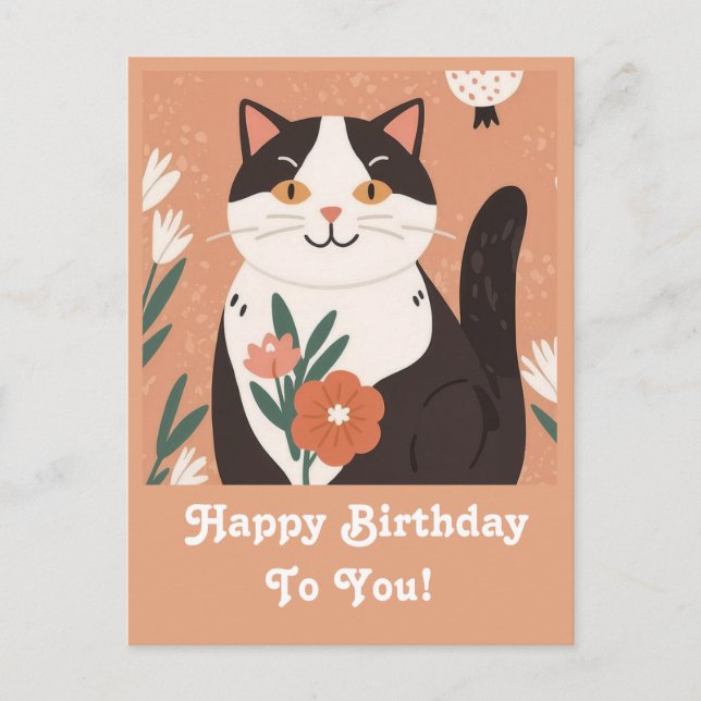 Cute Cat with Flowers Happy Birthday Personalized Holiday Postcard (Front)