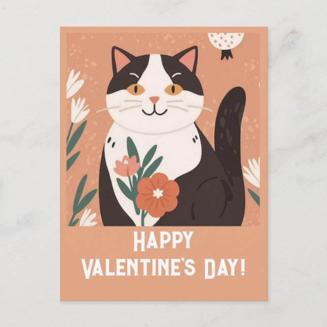 Cute Cat with Flowers Happy Valentine's Day Holiday Postcard (Front)