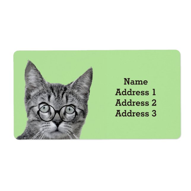 Cute Cat with Glasses on Light Green Address Label (Front)