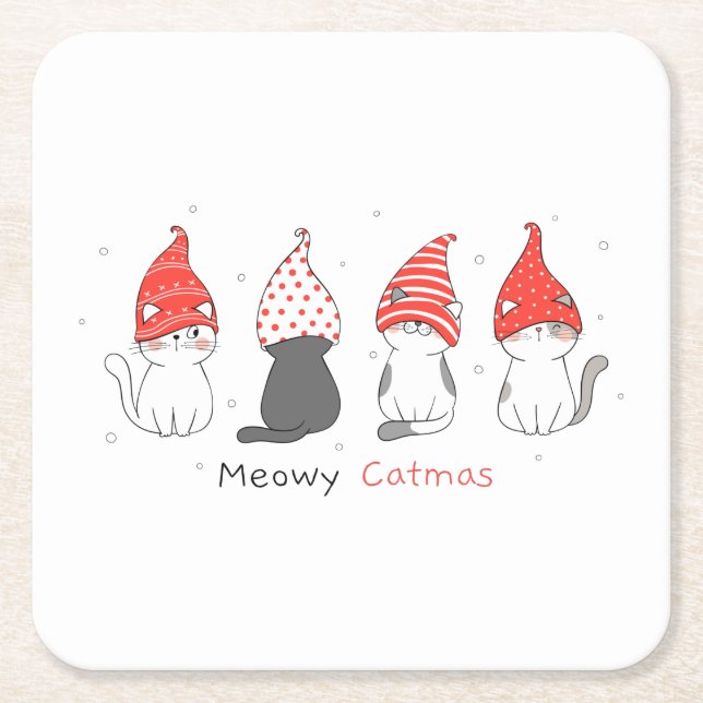 cute cat with gnome hat for christmas. square paper coaster (Front)