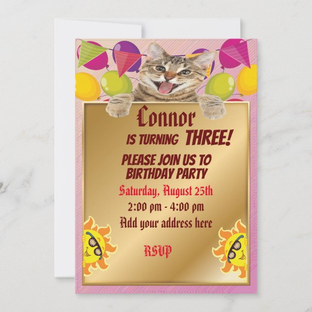 Cute cat with gold and fun suns invitation (Front)