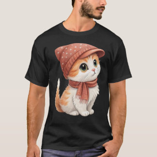 Cute Cat With Hat, Scarf, Pastel Colour T-Shirt