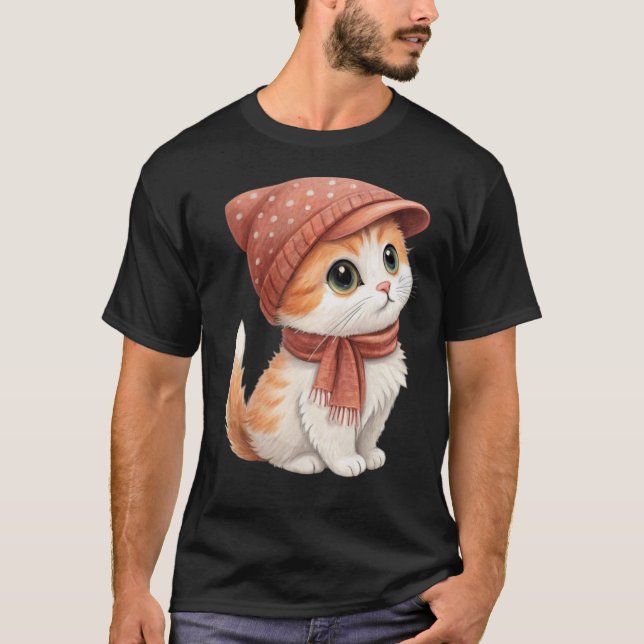 Cute Cat With Hat, Scarf, Pastel Colour T-Shirt (Front)