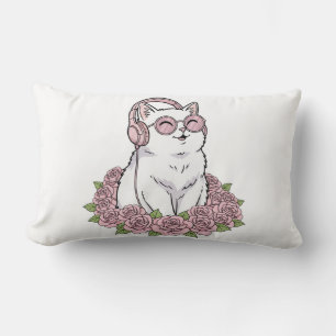 Cute Cat with Headphones and Pink Roses - Decorati Lumbar Pillow