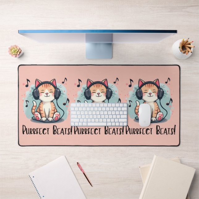 Cute Cat with Headphones Kawaii Music Lover Art Desk Mat (Office 1)