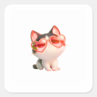 Cute Cat with Heart Sunglasses | Adorable Kawaii K Square Sticker