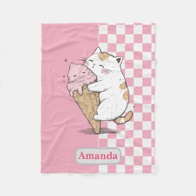 Cute Cat with Ice Cream Cone Fleece Blanket (Front)