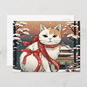 cute cat with japanese temple for cat lovers postcard