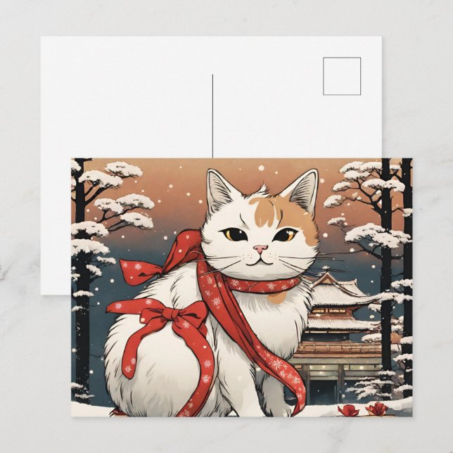 cute cat with japanese temple for cat lovers postcard (Front/Back)
