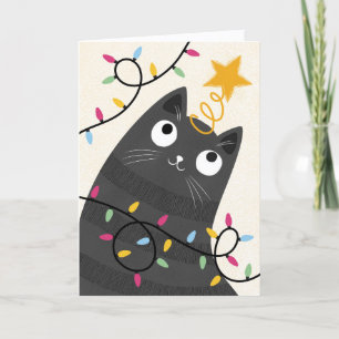 Cute cat with lights and tree-topper Christmas Holiday Card