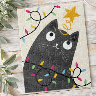 Cute cat with lights and tree-topper Christmas Jigsaw Puzzle