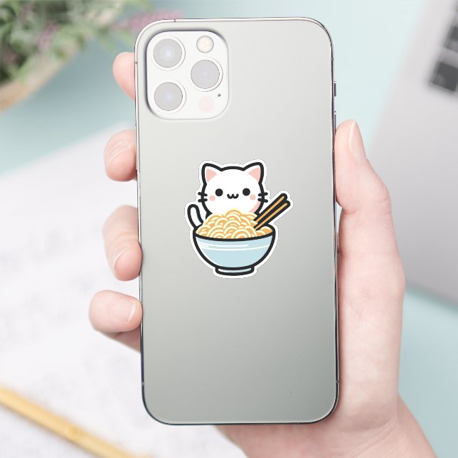 Cute Cat with Noodles Sticker | Kawaii Animal Art (Phone)