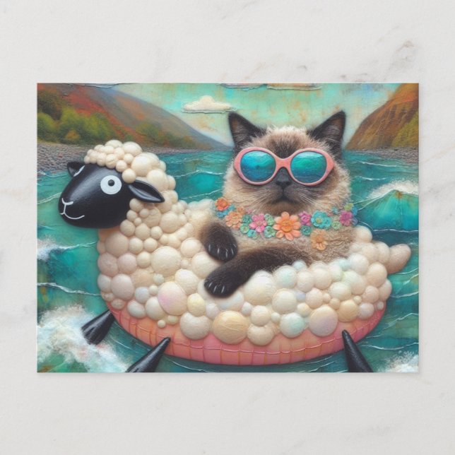 Cute Cat With on Sheep Floatie in Mountain Lake Postcard (Front)