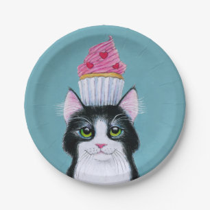 Cute Cat with Pink Cupcake Paper Plate