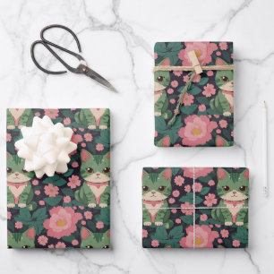 Cute cat With pink flower seamless pattern Wrapping Paper Sheet