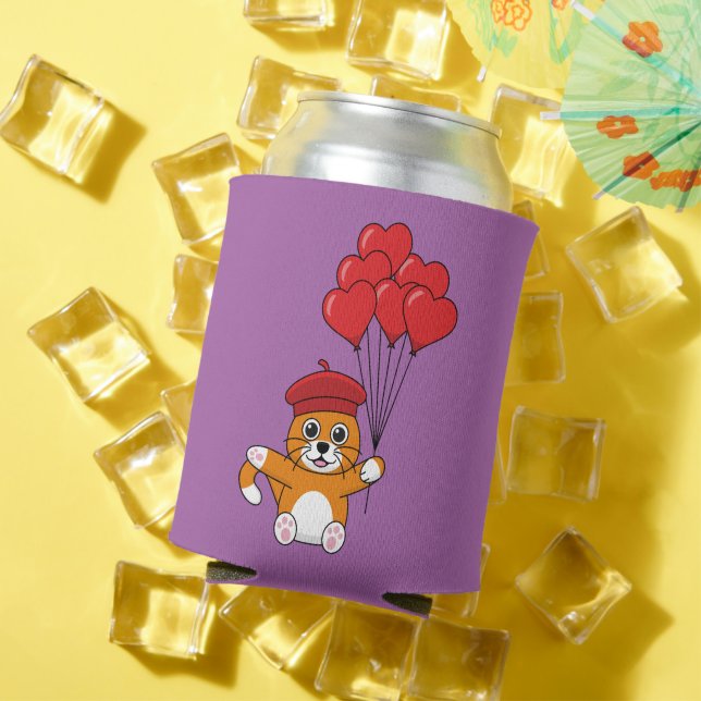 Cute Cat with Red Heart Balloons Can Cooler (In Situ Summer)