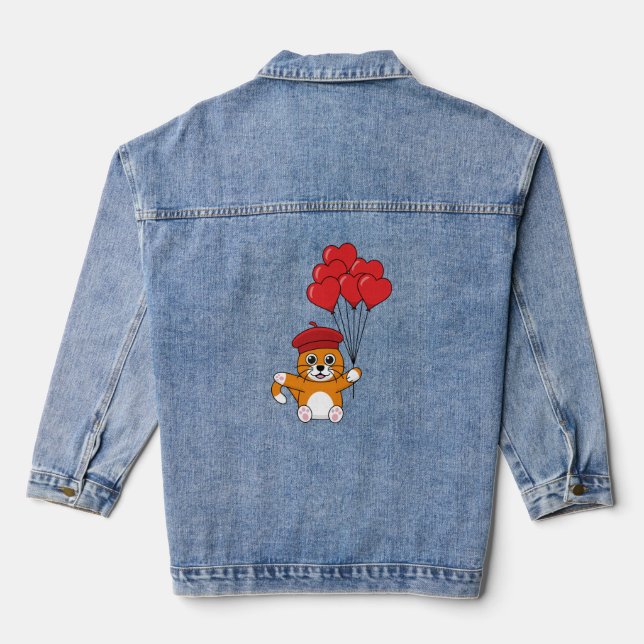 Cute Cat with Red Heart Balloons Denim Jacket (Back)
