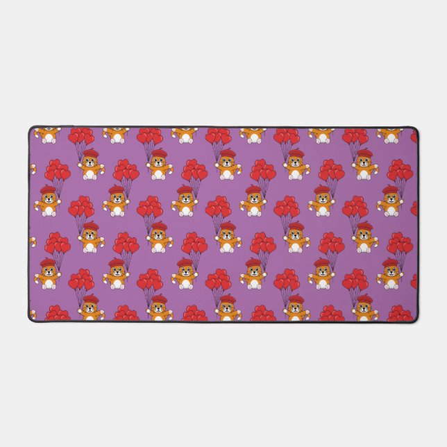 Cute Cat with Red Heart Balloons Desk Mat (Front)