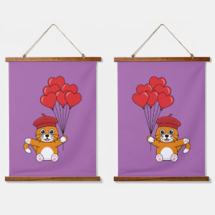 Cute Cat with Red Heart Balloons Hanging Tapestry