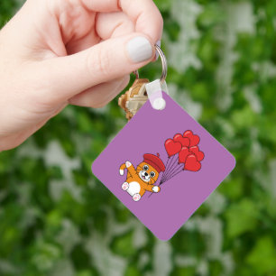 Cute Cat with Red Heart Balloons Keychain