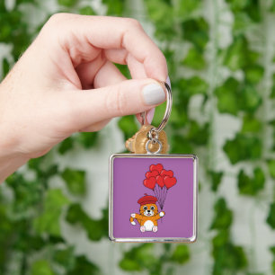 Cute Cat with Red Heart Balloons Keychain