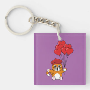 Cute Cat with Red Heart Balloons Keychain