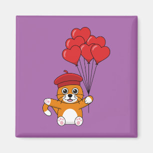 Cute Cat with Red Heart Balloons Magnet