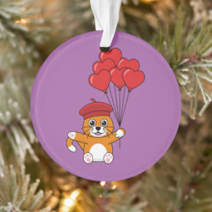 Cute Cat with Red Heart Balloons Ornament