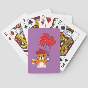Cute Cat with Red Heart Balloons Playing Cards