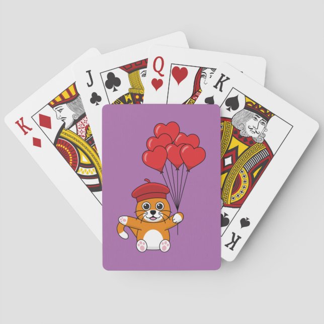Cute Cat with Red Heart Balloons Playing Cards (Back)