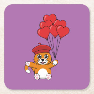 Cute Cat with Red Heart Balloons Square Paper Coaster