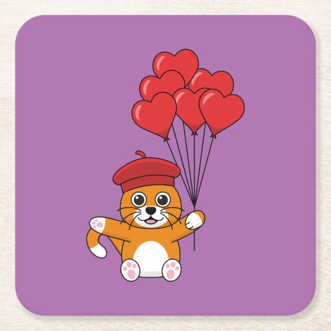 Cute Cat with Red Heart Balloons Square Paper Coaster (Front)