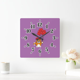 Cute Cat with Red Heart Balloons Square Wall Clock