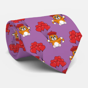Cute Cat with Red Heart Balloons Tie