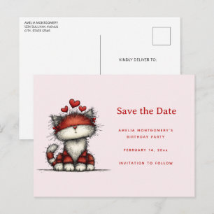 Cute Cat with Red Love Hearts Announcement Postcard
