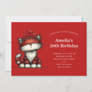 Cute Cat with Red Love Hearts Birthday Invitation